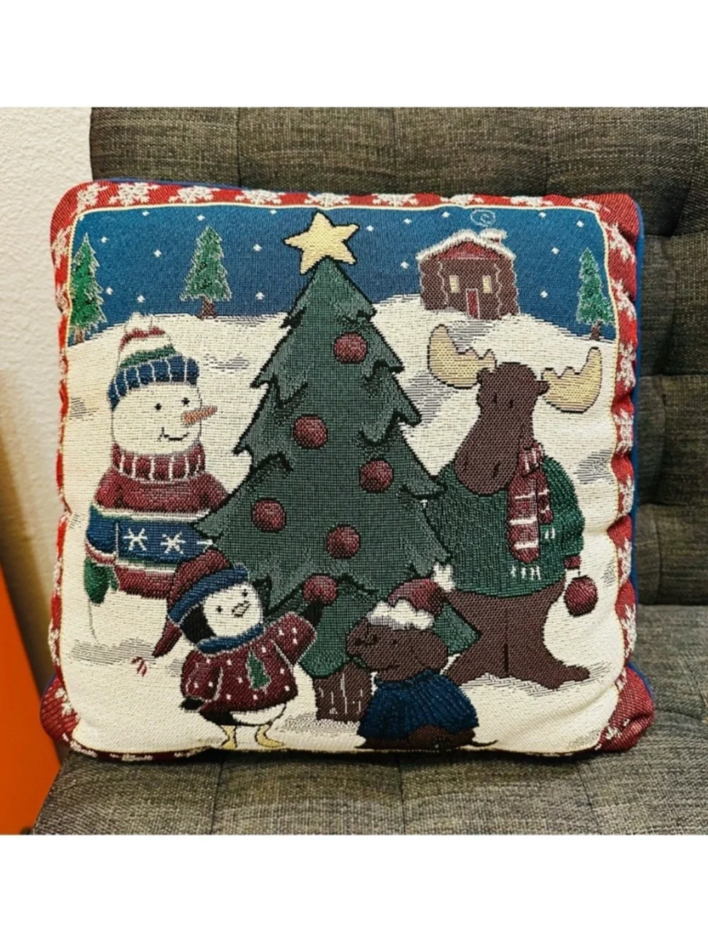 Vintage Snowman Moose Penguin Dog Christmas Tree Winter Tapestry Pillow